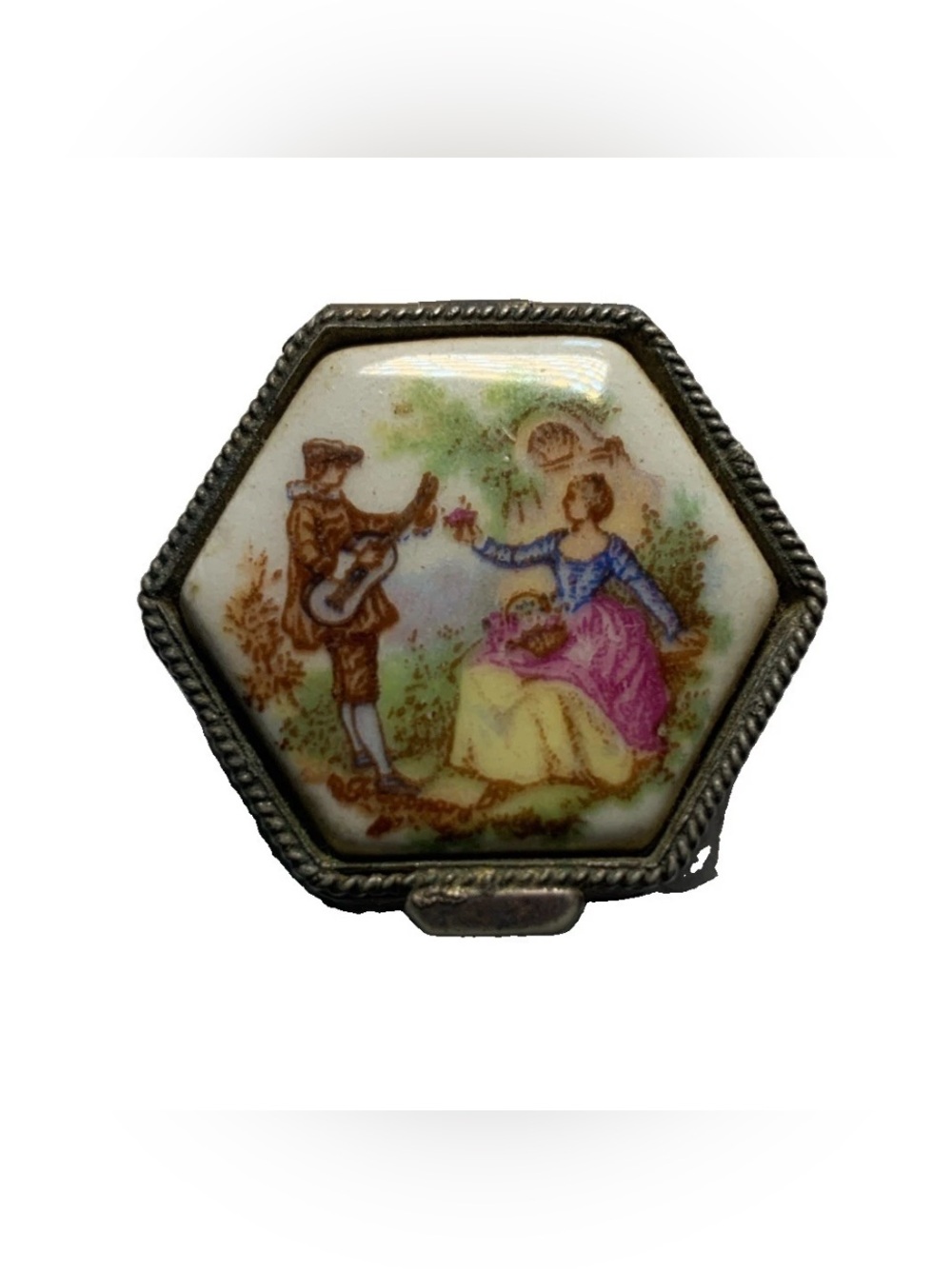 Vintage Pretty Little Pill Box Silver With Porcelain Lid With Couple